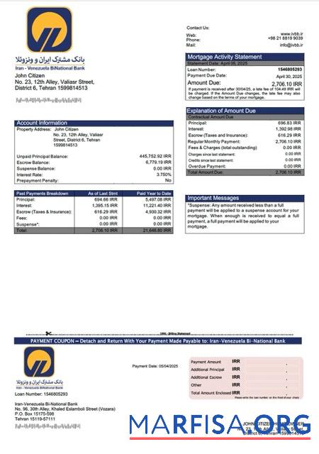 Realistic Iran Venezuela Bi National Bank mortgage statement Word and PDF template